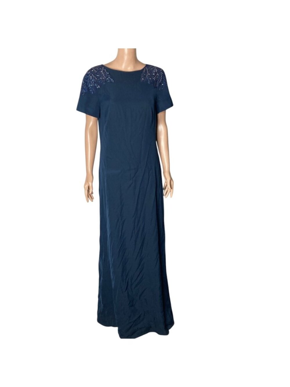 Tadashi Shoji Formal Maxi Dress Womens Size 12 Beaded Shoulders Navy Blue